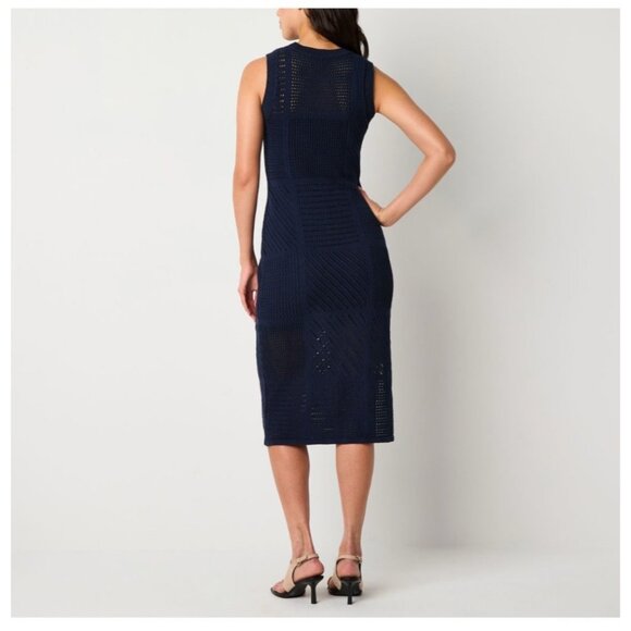NWT-Worthington Womens Sleeveless Midi Sweater Dress Navy XS side slit slip - Picture 2 of 15